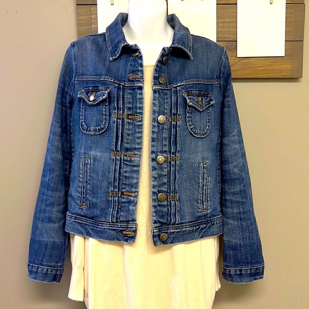 J CREW Blue Denim Jean Jacket with Button Closure and Distressed Accents- Small